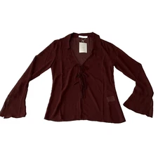 Oak And Fort Long Bell Sleeve Sheer Blouse Top Womens Size S Brown Front Lace Up