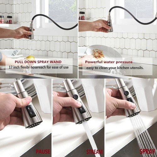 Kitchen Sink Faucet Brushed Nickel Single Handle Swivel Pull Down Sprayer Mixer - Picture 6 of 9