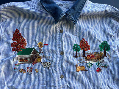 Fall Autumn Farm Harvest Embroidered Button Up Shirt