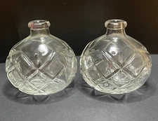 Diamond Pattern Cut Glass Mini Round Oil Lamps Pair No Wicks Unmarked