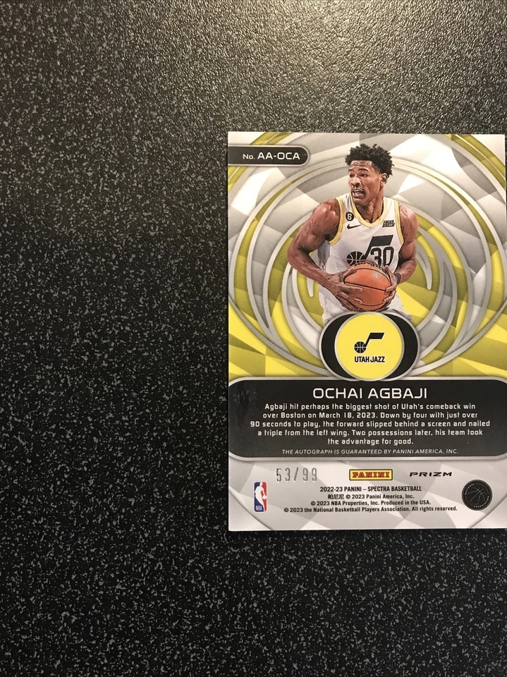 2022-23 Spectra Ochai Agbaji Silver Prizm Aspiring Rookie Auto RC #53/99 Jazz - Image 2 of 3