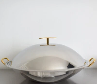 große Wokpfanne VINTAGE Wok mit Deckel Gitter Edelstahl gold Griff | 43 cm - Bild 1 von 4