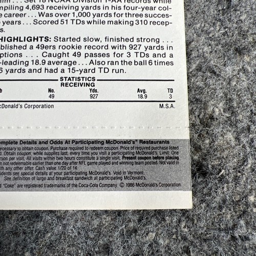 1986 Jerry Rice RC 49ers McDonald's "Black" Regular Issue Game Card - H - LESEN - Bild 10 von 10