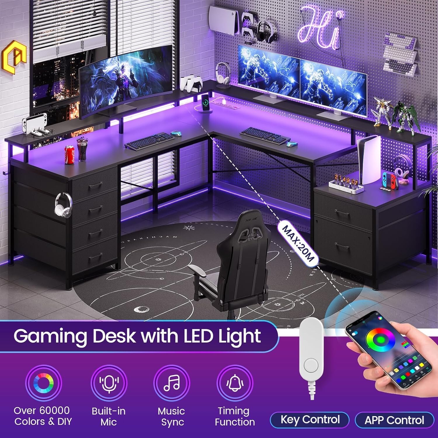 L Shaped Desk with Led Lights &Monitor Shelf Corner Computer Desk with 6 Drawers