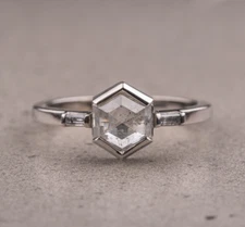 Three Stone Hexagon Rose Cut Half Bezel Salt And Pepper Moissanite Silver Rings