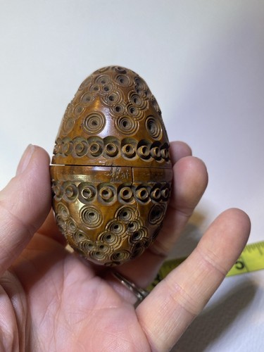 Antique 19C Hand Carved Coquilla Nut Egg Shaped Box Needle Thimble Trinket Case - Picture 7 of 13