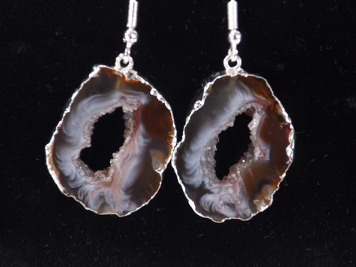 AGATE GEODE JEWELRY EARRINGS, Natural Stone Slice Dangle w/Druzy Crystals Silver - Picture 6 of 6