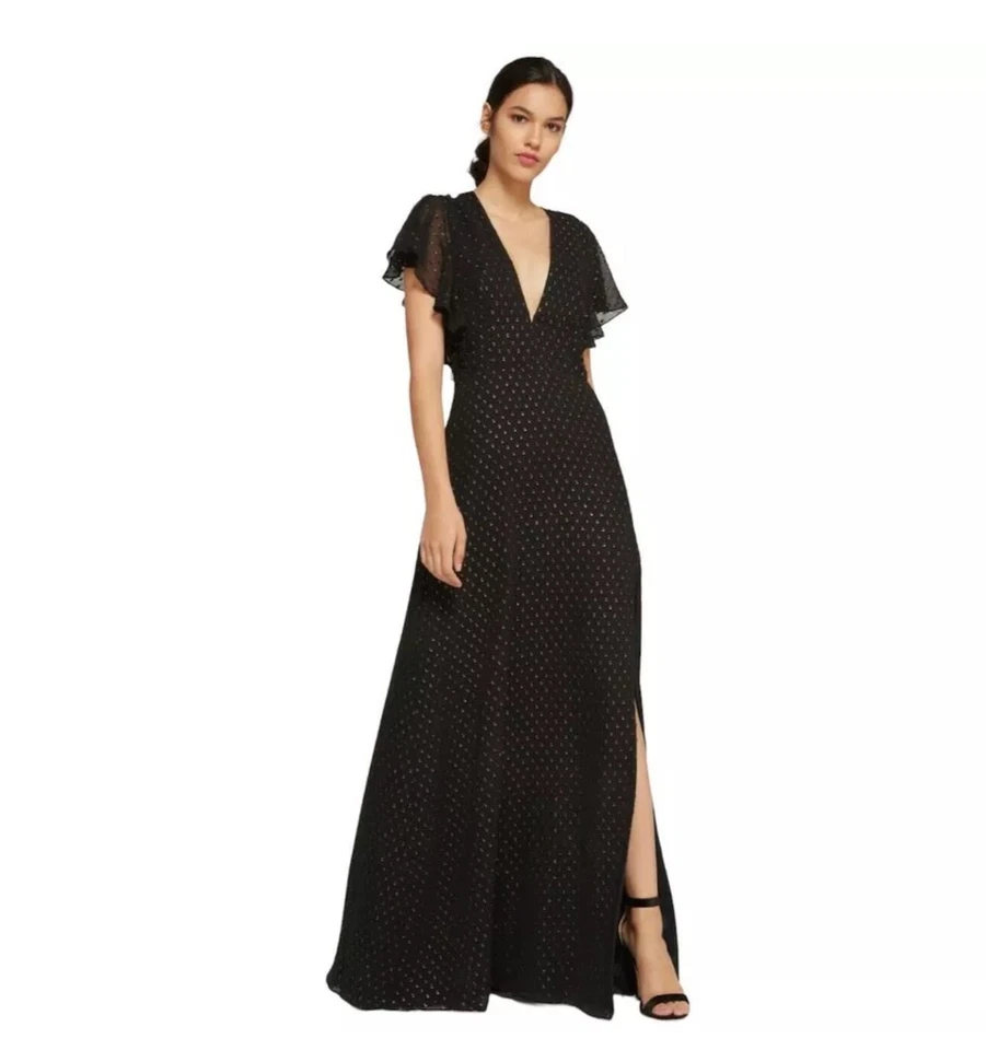 JILL Stuart 黑色金色金属纹理波尔卡圆点绒开衩长裙,尺寸 2 — 第 2/4 张图片