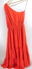 Max Studio NWT Orange One Shoulder Maxi Dress Size M Tiered Hem Bohemian Party