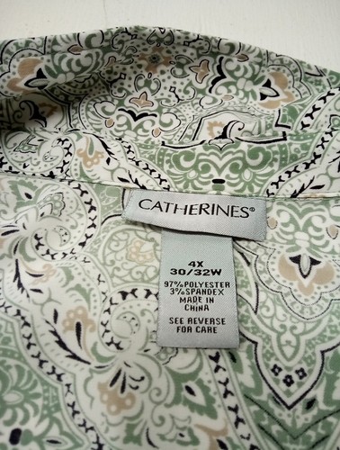 Catherines Top Womens 4X Green Beige Geometric Print Button Up Short Slve Career - Picture 4 of 5