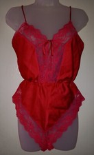 Vintage 80s Hot Pink Silky Nylon Lace Snap Crotch Teddy Valentines Lingerie S