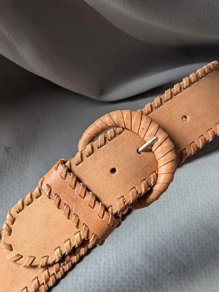 vintage CHRISTIAN DIOR leather belt 30 saddle cowhide WIDE natural brown 1980s - Image 3 of 4