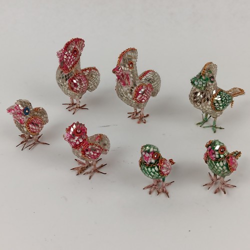 7 Piece Vintage India Style Mirror Mosaic Birds 2" & 3" Figurine Ornaments Lot