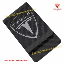 Tesla Silver Outline Logo REAL Carbon Fiber Money Clip *Top Quality*