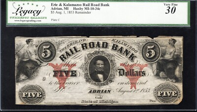 #ad #ad ⭐⭐ 1853 $5 ERIE amp; KALAMAZOO RAILROAD BANK ADRIAN MI OBSOLETE LEGACY 30 03761 $64.95