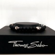 GENUINE THOMAS SABO Black Obsidian & Silver Skulls Stretch Bracelet A1097-023-11