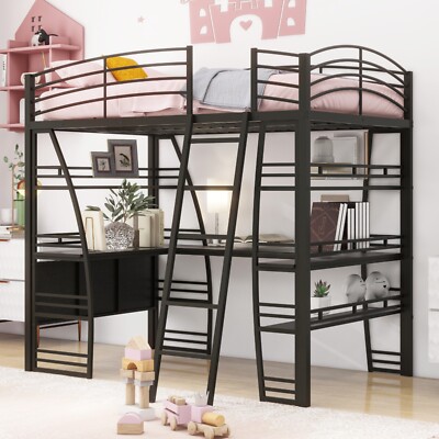 Full/Twin Size Metal Loft Bed with 4 Layers Shelves & L-shaped Desk & USB Ports