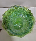 Vintage Indiana Iridescent Green Carnival Glass Diamond Ruffle Dish Very Nice