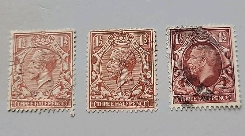 3 George V Three Half Pence Stamps. 3 Different Colors.