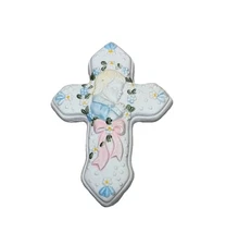 Vintage Fine Hand Painted Porcelain White Cross w Praying Little Boy Wall
