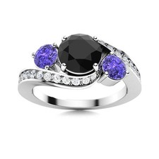 925 Sterling Silver 5MM Round Black Spinel  Tanzanite Three Stone Women Ring