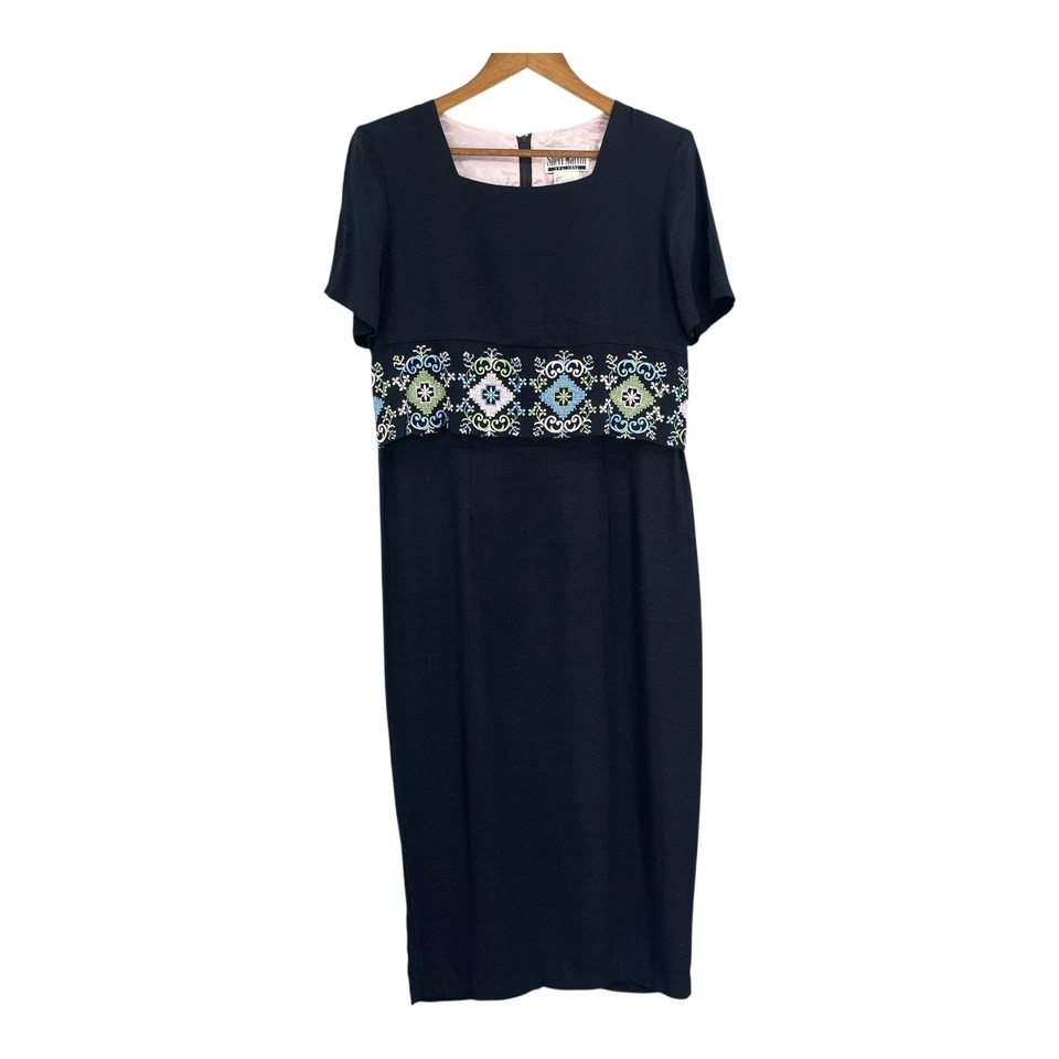 Vestido Sheri Martin Midi Mujer Talla 12 Negro Boho Vintage Bordado Hecho en EE. UU. Foto 3 de 4
