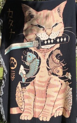 Vincent Trinidad Cat Knife Woven Blanket Tapestry Tattoo Katana Fish Japonism