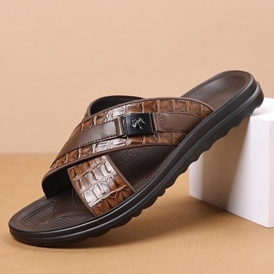 Men's Croc Embossed Cross Slide Sandals, PU Leather, Comfort Non-Slip Rubber Sol