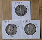 Lot of 3 90% Silver Half Dollars 1943 Walking Liberty 1960 Franklin 1964 Kennedy