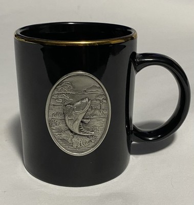 Coffee Mug w/ a Pewter Largemouth Bass Fish Emblem ~ Black & Gold Rimmed ~ 3.5 