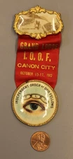 11/17.  1912 I.O.O.F Odd Fellows Skyline Drive Celluloid "Eye" Canon City Ribbon