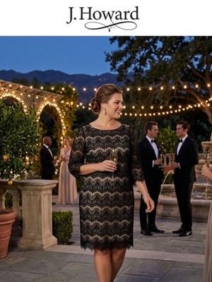 J. Howard Black Lace Midi Dress with Three-Quarter Sleeves