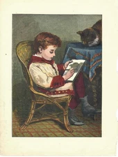 Chromolithograph  antique Victorian book 1877 boy draws cat by Charlotte Weeks