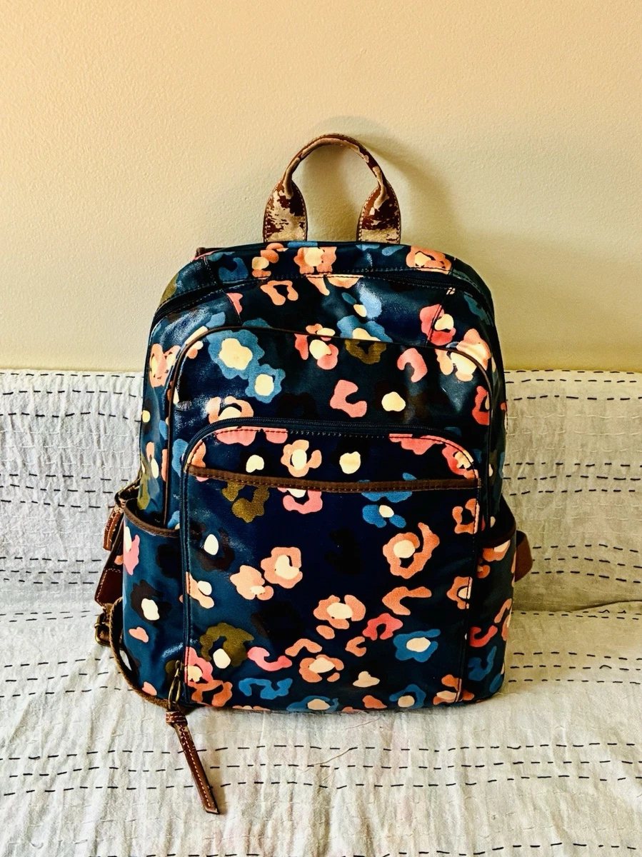 Fossil Blue and Cream Floral Canvas Backpack with Brown Leather Trim Fossil | Bags | Fossil Blue Canvas Leather Trim Mini  main image 2