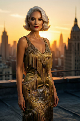 Sexy Woman Deco Travel Poster Silk Flapper Dress Fringe 4X6 Fantasy Photo