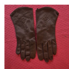 Brown Cotton Gloves with Decorative Stitching