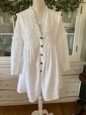 ASOS Design A-Line Prairie Eyelet Puff Sleeve Midi Dress Women's Size 8 White