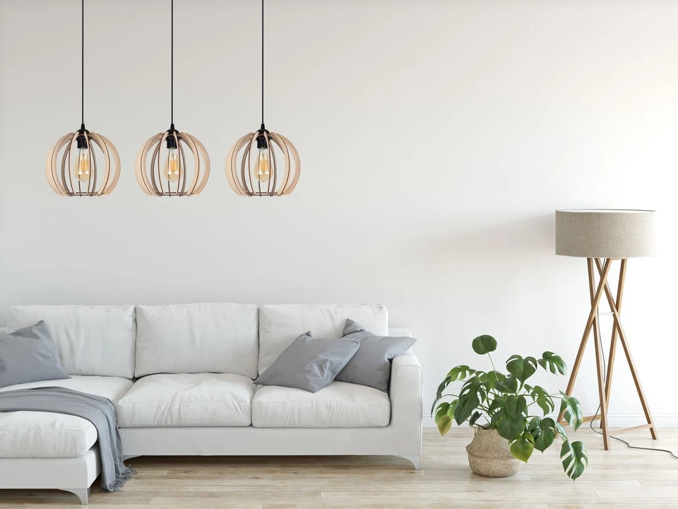 Hängelampe Schwarz E27 Holz Metall 3-flammig Esszimmer Pendelleuchte 80 cm lang - Bild 3 von 4