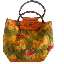 Vintage 60s Bright Floral Ladies Tote Bag Purse Beaded Handles Snap Closure