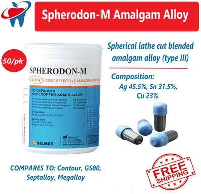 Spherodon-M Amalgam Alloy type III Composition: Ag 45.5%, Sn 31.5%, Cu 23%, 50Pk