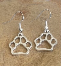 Paw Dog Cat Hollow Charm Dangle Earrings .925 Sterling Silver Ear Hooks