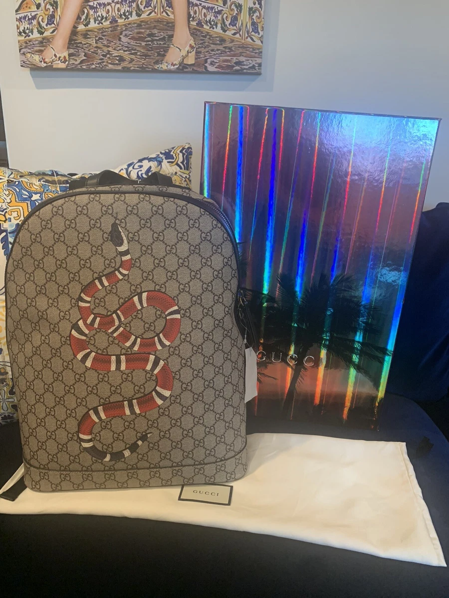 Gucci Web And Kingsnake Print Leather Backpack In Black