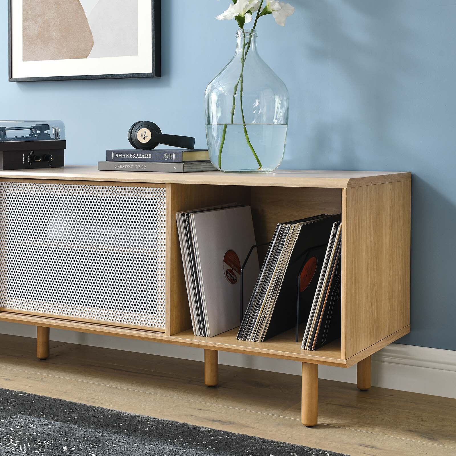 Modway Kurtis 67" Modern Vinyl Record TV Stand in Oak With Mesh Sliding Doors