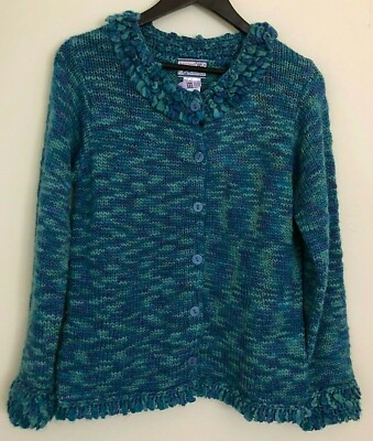 Vintage April Cornell Cardigan Sweater S Blue Purple Open Weave Loop Yarn Trim
