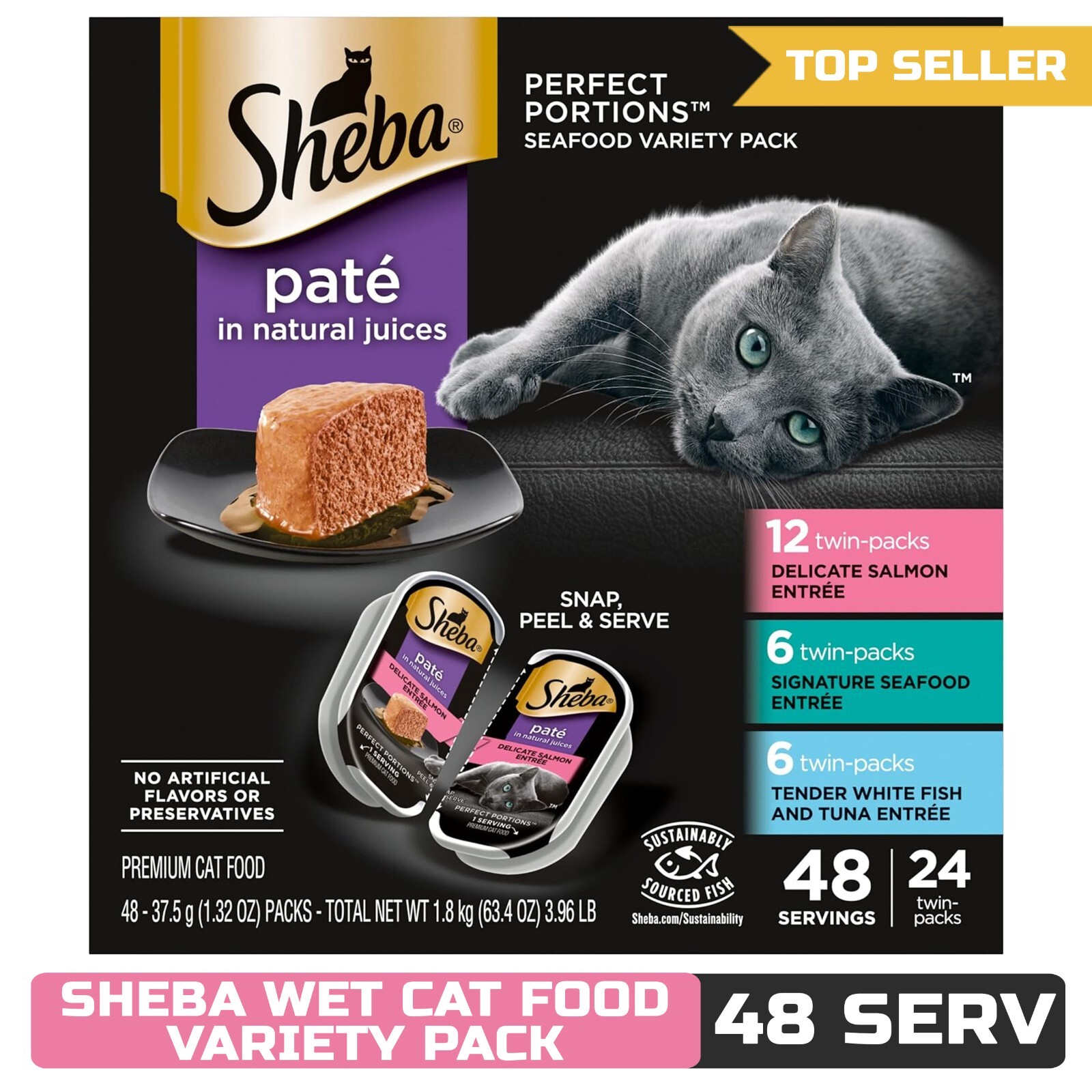 SHEBA Wet Cat Food Variety Pack (24 Trays, 48 Servings) - Seafood, Salmon and..