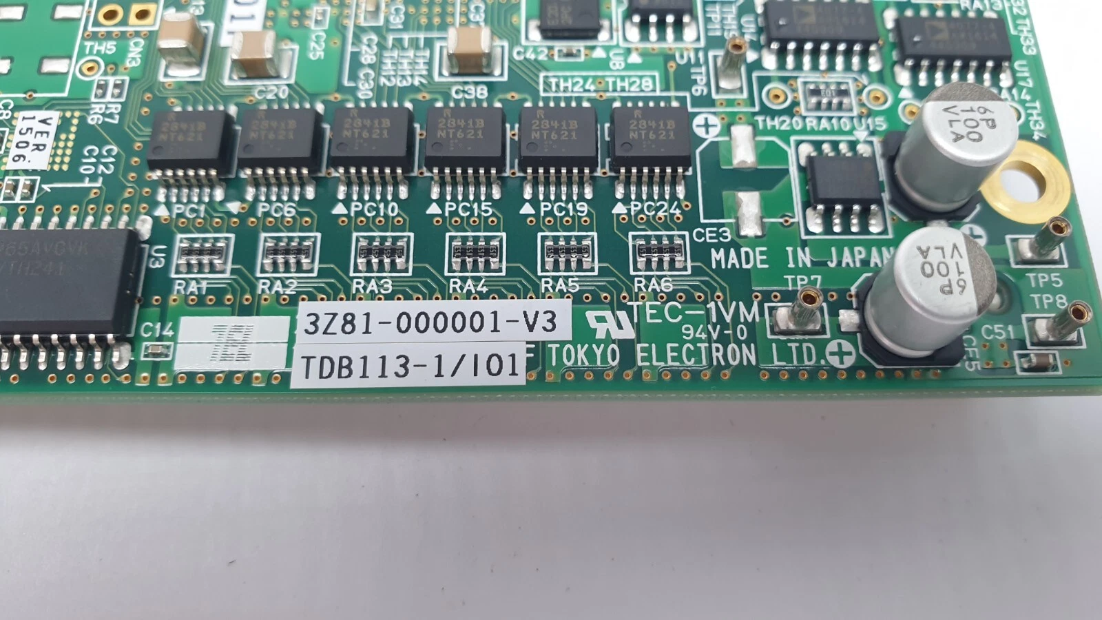 Close-up of the 3Z81-000001-V3 and TDB113-1/IO1 labels with Tokyo Electron Ltd. and Made in Japan marks