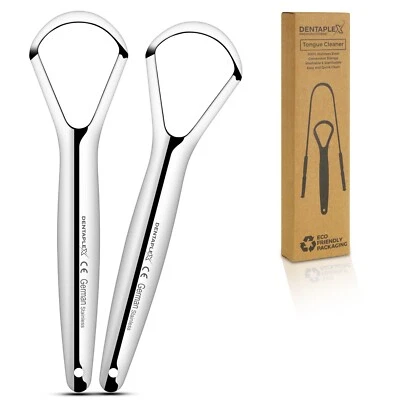 DENTAPLEX Tongue Scraper Cleaner Stainless Steel 2 Pack for Dental Care Hygiene Oral Mouth