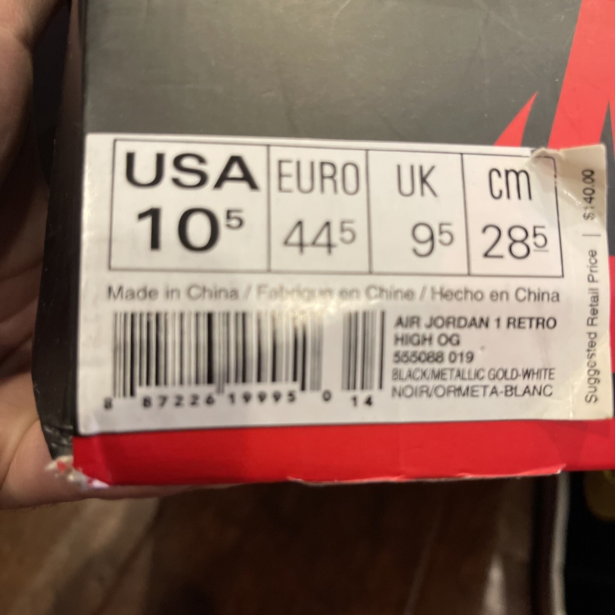 Brand New Jordan 1 Retro High OG Black Gold PL 2013 One Size 10.5