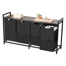 4-Section Laundry Organizer Sorter Cart Removable Bags, Metal Frame Wooden Top