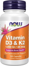 Now Foods Vitamin D-3 K-2 1 000 IU 45 mcg 120 Veg Capsules GMP Quality
